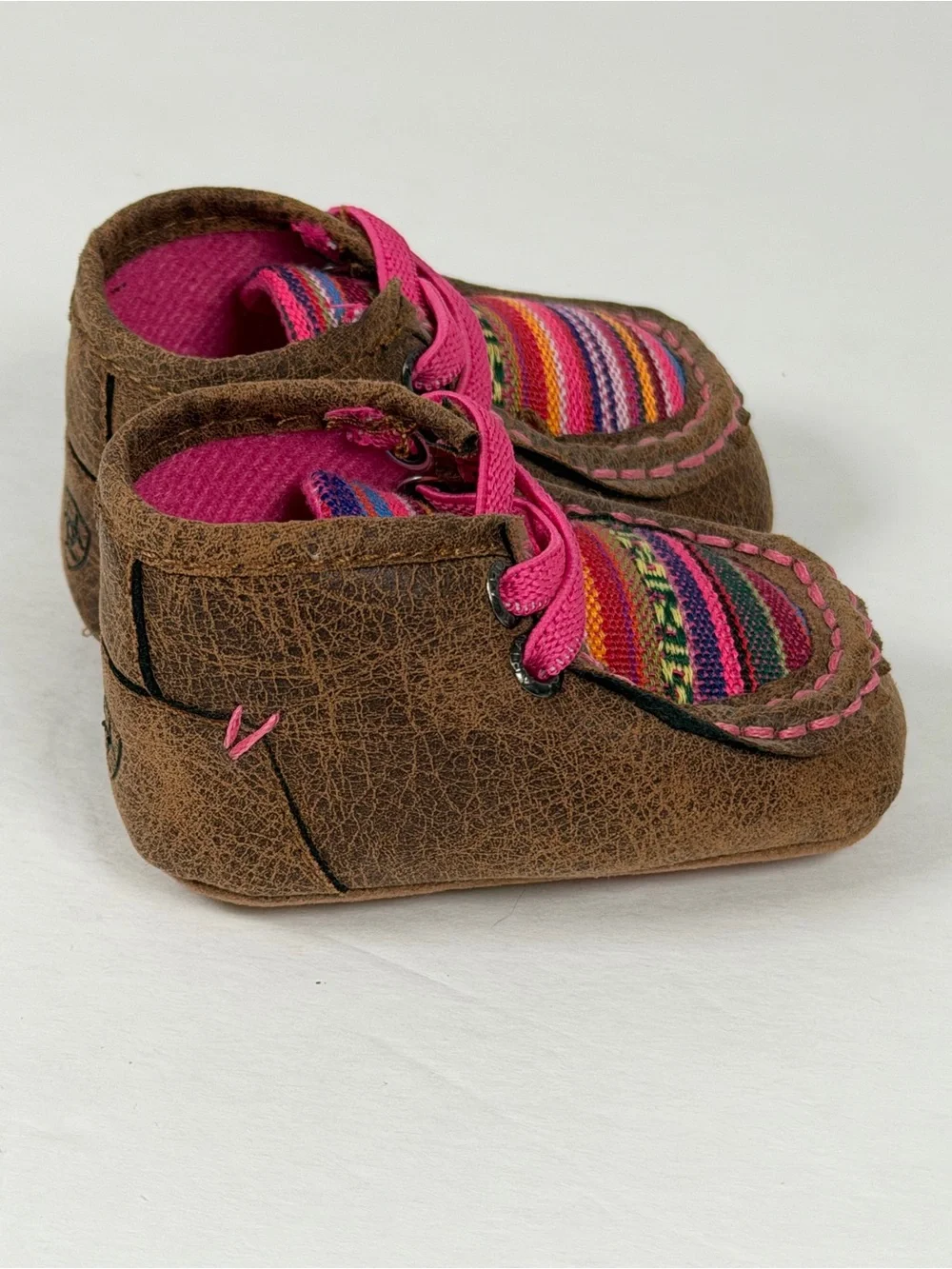 Ariat Infant Western Crib Shoes Brown Pink Moccasin Soft Sole 4” Outsole